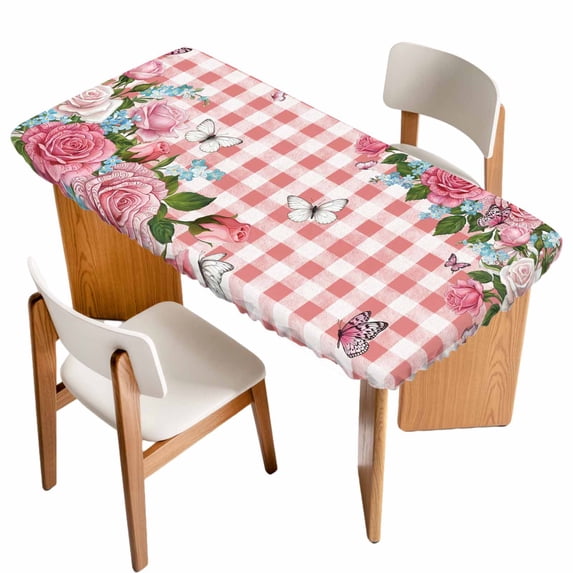 Pink Spring Floral Table Cloths for 3 Foot Rectangle Tables, Watercolor Flowers Butterfly Checkered Patio Waterproof Elastic Fitted Tablecloths, Washable Rectangular Table Cover for Camping