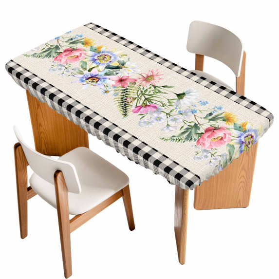 Pink Spring Floral Table Cloths for 4 Foot Rectangle Tables, Black White Plaid Pastoral Flowers Rustic Patio Waterproof Elastic Fitted Tablecloths, Washable Rectangular Table Cover for Camping