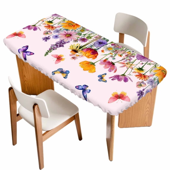 Pink Spring Floral Table Cloths for 4 Foot Rectangle Tables, Farmhouse Flowers Butterfly Watercolor Patio Waterproof Elastic Fitted Tablecloths, Washable Rectangular Table Cover for Camping