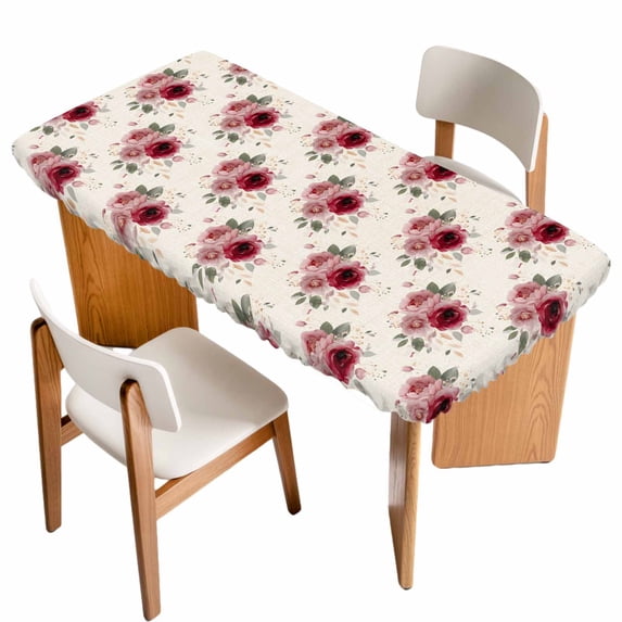 Pink Spring Floral Table Cloths for 4 Foot Rectangle Tables, Farmhouse Flowers Modern Art Patio Waterproof Elastic Fitted Tablecloths, Washable Rectangular Table Cover for Camping