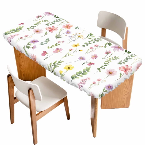 Pink Spring Floral Table Cloths for 5 Foot Rectangle Tables, Flowers Elegant Pastoral Leaves Patio Waterproof Elastic Fitted Tablecloths, Washable Rectangular Table Cover for Camping