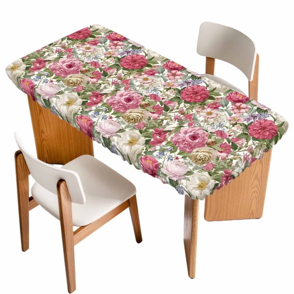 Pink Spring Floral Table Cloths for 5 Foot Rectangle Tables, Vintage Summer Botanical Patio Waterproof Elastic Fitted Tablecloths, Washable Rectangular Table Cover for Camping