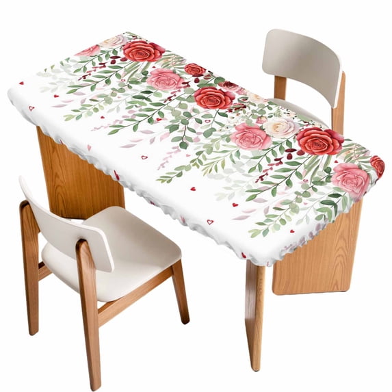 Pink Spring Floral Table Cloths for 5 Foot Rectangle Tables, Weeping Romantic Flowers Pastoral Patio Waterproof Elastic Fitted Tablecloths, Washable Rectangular Table Cover for Camping