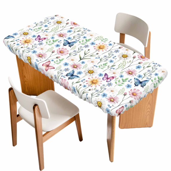 Pink Spring Floral Table Cloths for 6 Foot Rectangle Tables, Elegant Pastoral Flowers Butterfly Patio Waterproof Elastic Fitted Tablecloths, Washable Rectangular Table Cover for Camping