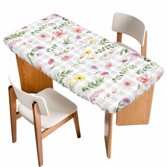 Pink Spring Floral Table Cloths for 6 Foot Rectangle Tables, Flowers Botanical Elegant Grey Checkered Patio Waterproof Elastic Fitted Tablecloths, Washable Rectangular Table Cover for Camping
