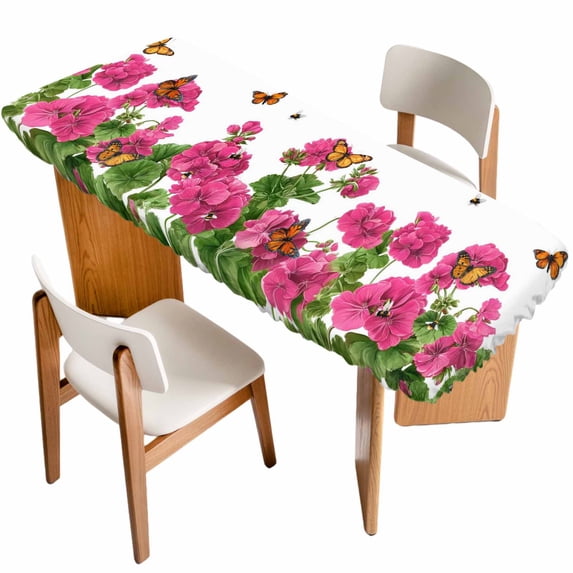 Pink Spring Floral Table Cloths for 8 Foot Rectangle Tables, Butterfly Farmhouse Patio Waterproof Elastic Fitted Tablecloths, Washable Rectangular Table Cover for Camping
