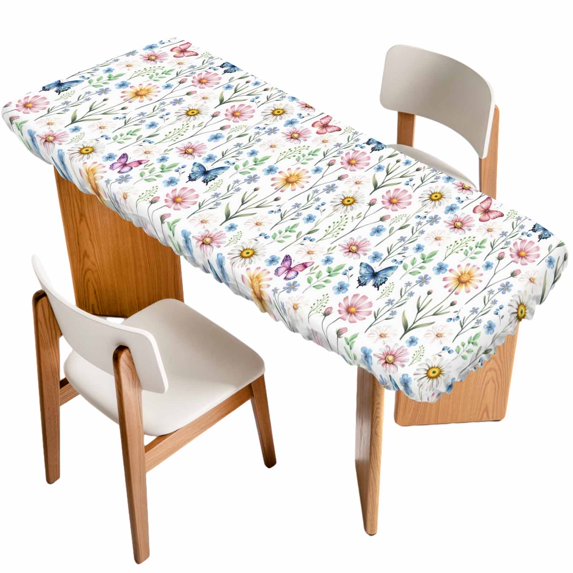 Pink Spring Floral Table Cloths for 8 Foot Rectangle Tables, Elegant Pastoral Flowers Butterfly Patio Waterproof Elastic Fitted Tablecloths, Washable Rectangular Table Cover for Camping