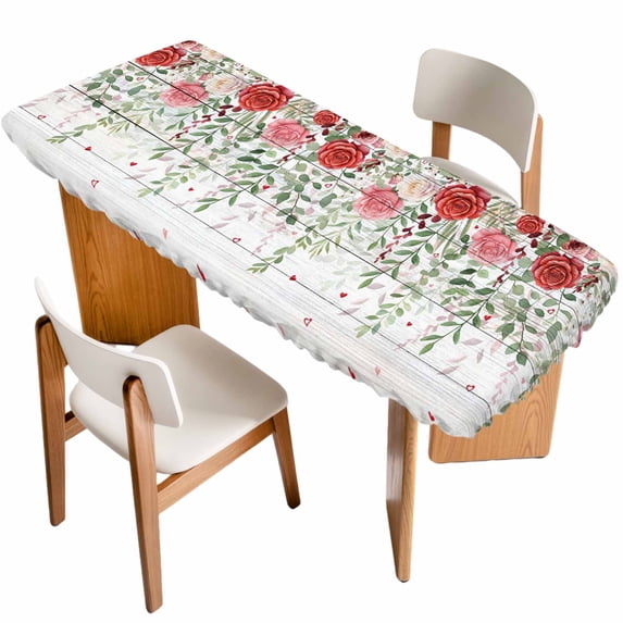 Pink Spring Floral Table Cloths for 8 Foot Rectangle Tables, Weeping Romantic Flowers Wooden Patio Waterproof Elastic Fitted Tablecloths, Washable Rectangular Table Cover for Camping