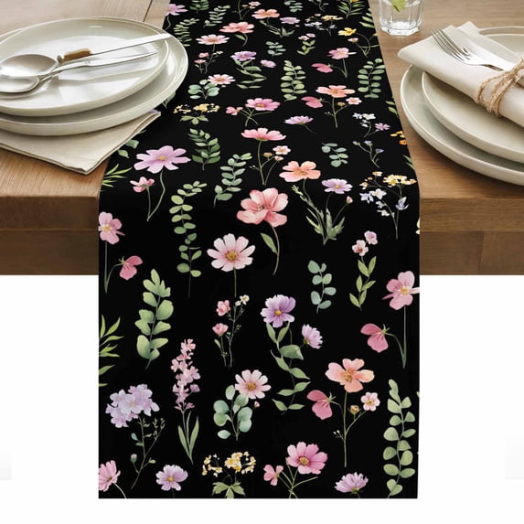 Pink Spring Floral Table Runner - 108 Inch Long, Kitchen Dining Table Runner Dresser Scarves, Flowers Botanical Elegant Pastoral Black Farmhouse Decor for Coffee Tables Wedding Party Banquet