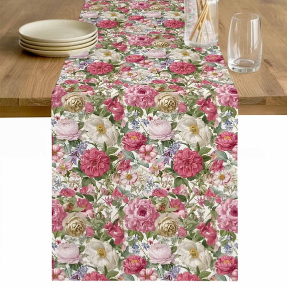 Pink Spring Floral Table Runner - 108 Inch Long Vintage Summer Botanical Cotton and Linen Blended Dress Scarves Farmhouse Table Runner for Kitchen Dining, Coffee Table, 13" x 108"
