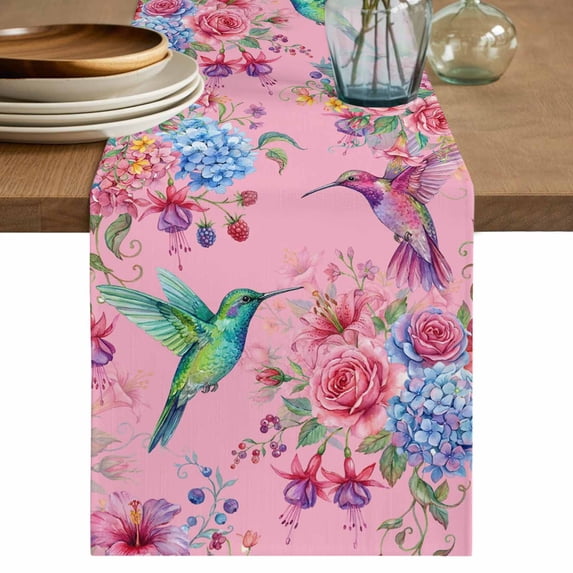 Pink Spring Floral Table Runner 48 Inches, Watercolor Birds Farmhouse Art Bed Runner Dresser Scarves Tabletop for Indoor Outdoor Parties/Ceremony/Banquet, 13" x 48"