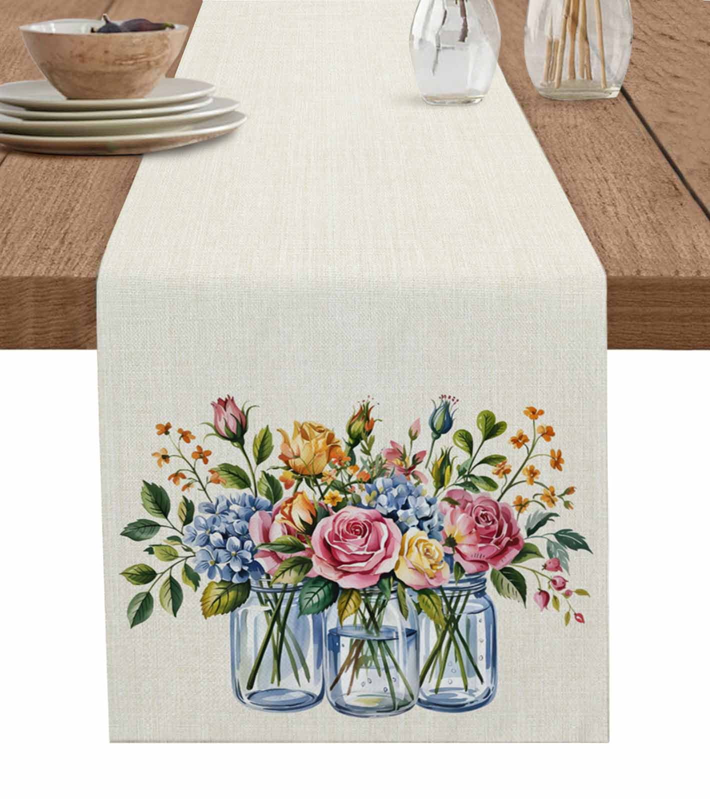 Pink Spring Floral Table Runner 60 Inches, Watercolor Flowers Beige ...