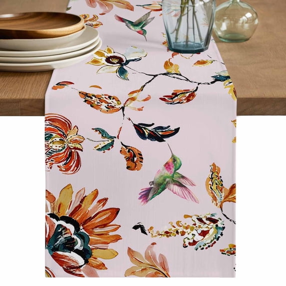 Pink Spring Floral Table Runner 72 Inches, Summer Botanical Vintage Birds Bed Runner Dresser Scarves Tabletop for Indoor Outdoor Parties/Ceremony/Banquet, 16" x 72"