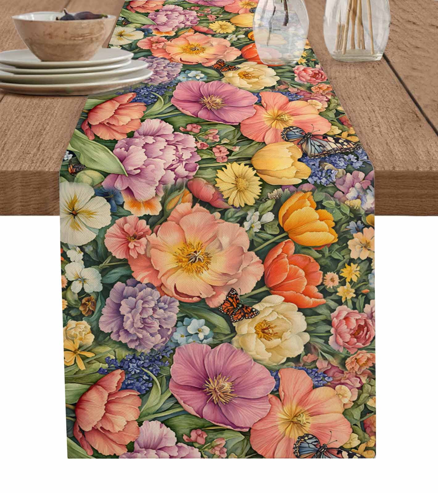 Pink Spring Floral Table Runner 72 Inches, Tulip Pastoral Flowers ...