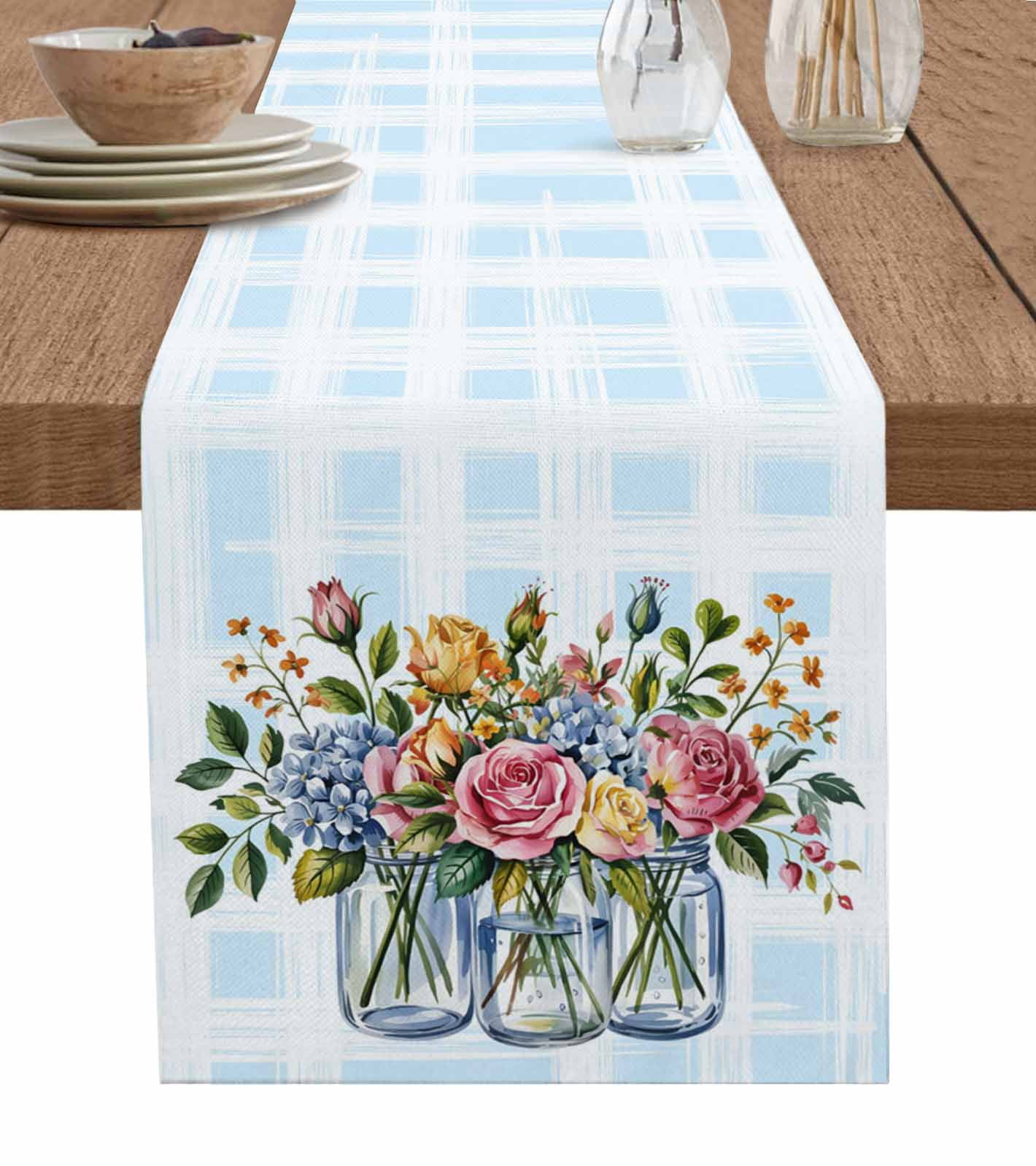 Pink Spring Floral Table Runner Blue Plaid Farmhouse Watercolor Flowers Tablerunners 14 x 72 Inch, Table Decorations Tabletop Scarf for Summer Gathering Holiday Farmhouse Kitchen Dining Decor