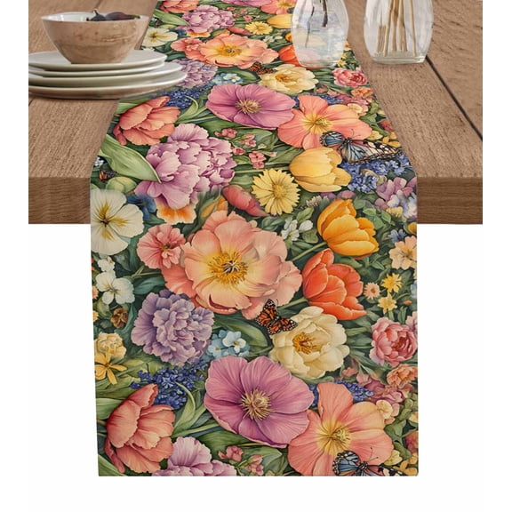 Pink Spring Floral Table Runner Cotton Linen 108 Inch Holiday Dresser Scarves, Tulip Pastoral Flowers Watercolor Tablerunner for Kitchen Coffee Dining Bedroom Dinner Scarf Décor 13''x108''