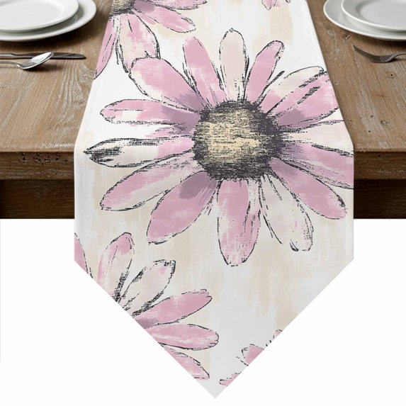 Pink Spring Floral Table Runner Linen Burlap Table Runner 72 Inches Long Summer Flowers Botanical Retro Dresser Scarves for Kitchen Island Coffee Dining Party Wedding Banquet Holiday Decor 14"x72"