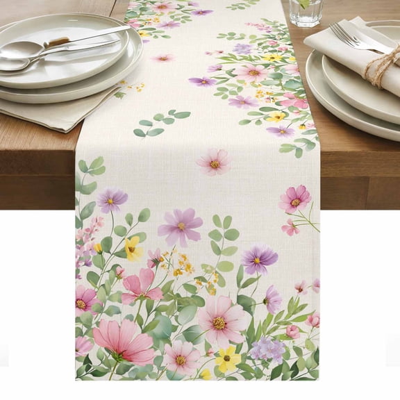 Pink Spring Floral Table Runner Watercolor Botanical Wildflowers Retro Table Runners Dresser Scarves Holiday Kitchen Dining Table Decoration for Home Party Indoor 13x72 Inch