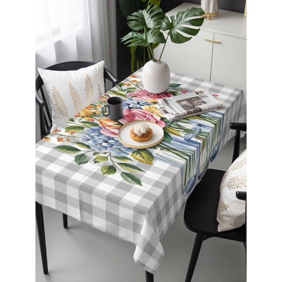 Pink Spring Floral Tablecloth Rectangle Table Cloths 54x108, Waterproof Tablecloth Outdoor Table Cloth, Flowers Gray Plaid Farmhouse Washable Table Cover for Kitchen Dinning Party
