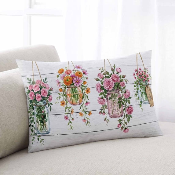 Pink Spring Floral Throw Pillow Covers, Wooden Elegant Farmhouse Botanical Soft Breathable Pillow Cases with Invisible Zipper for Sleeping, King Size Pillowcases for Couch Bed Sofa Chair 20x36 Inches