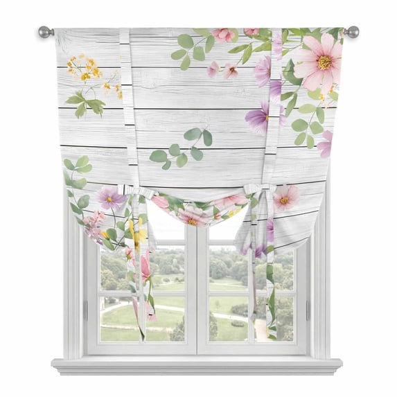Pink Spring Floral Tie Up Curtain 63 Inches Long, Watercolor Botanical Wildflowers Board Balloon Style Kitchen Window Curtain Over Sink, Small Window Rod Pocket Curtain 52"x63"