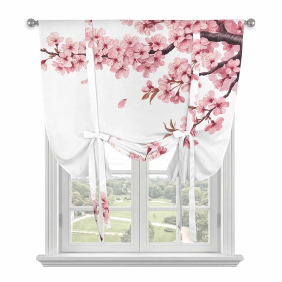 Pink Spring Floral Tie Up Curtains 45 Inches Long, Kitchen Window Curtains Over Sink, Elegant Pastoral Flowers Watercolor Small Window Curtains Shade Balloon Curtains Valances for Bedroom 34"x45"