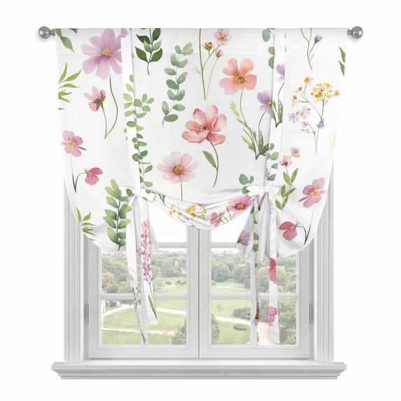 Pink Spring Floral Tie Up Curtains 45 Inches Long, Kitchen Window Curtains Over Sink, Flowers Elegant Pastoral Leaves Small Window Curtains Shade Balloon Curtains Valances for Bedroom/Cafe 34"x45"