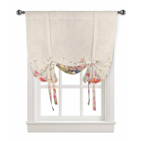 Pink Spring Floral Tie Up Curtains for Kitchen Bathroom Bedroom Windows 45 Inch Length, Watercolor Summer Botanical Balloon Drape Curtains Shade Rod Pocket Drapery Curtain Panel, 34"x45"