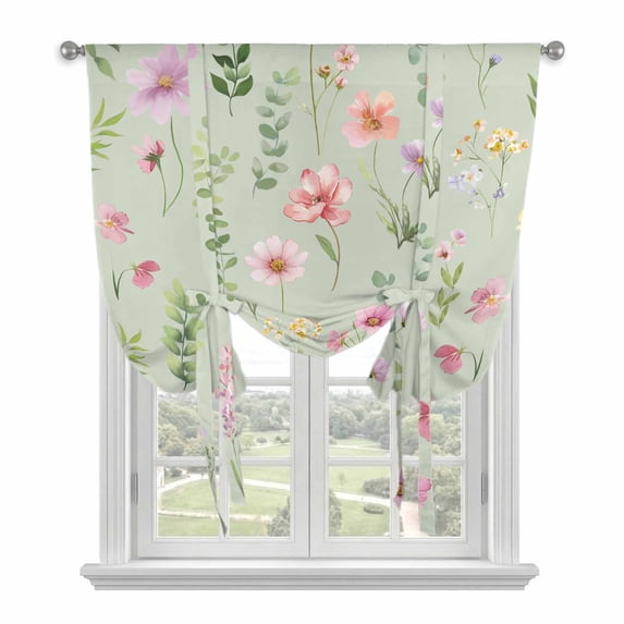 Pink Spring Floral Tie Up Curtains for Windows, Adjustable Balloon Window Shades, Farmhouse Flowers Sage Green Leaves Kitchen Window Treatments Adjustable Roll Up Curtain for Basement/Nursery 52"x45"