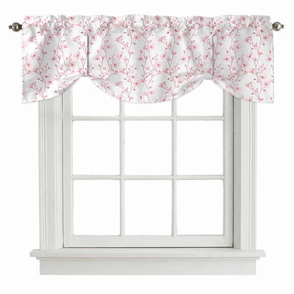 Pink Spring Floral Tie Up Valance Curtains for Windows, Kitchen Curtains Window Shades, Elegant Watercolor Summer Botanical Light Filtering Roman Curtain Valances for Bedroom/Bathroom/Cafe 42"x12"