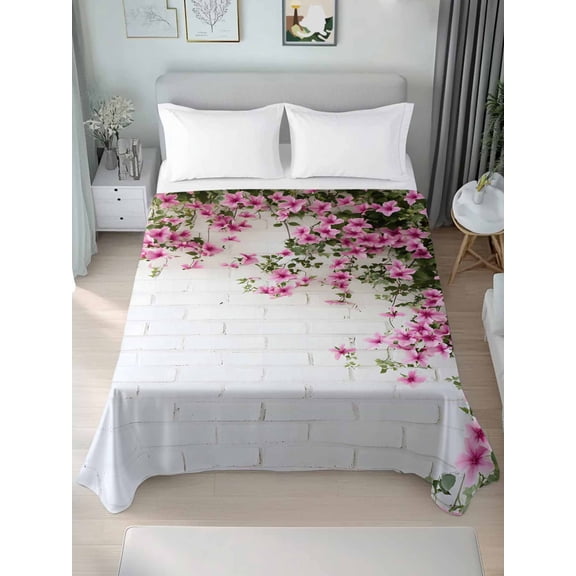 Pink Spring Floral Twim Size Flat Sheet, Wrinkleproof & Fadeproof Cooling Flat Bed Sheet Only, Summer Flowers Farmhouse Breathable Soft Bedding Top Sheets 66 x 96 Inches