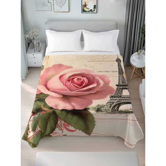 Pink Spring Floral Twim Size Flat Sheet, Wrinkleproof & Fadeproof Cooling Flat Bed Sheet Only, Vintage Rose Flower Retro Breathable Soft Bedding Top Sheets 66 x 96 Inches