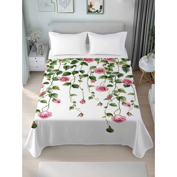 Pink Spring Floral Twim XL Size Flat Sheet, Wrinkleproof & Fadeproof Cooling Flat Bed Sheet Only, Green Summer Botanical Breathable Soft Bedding Top Sheets 66 x 102 Inches