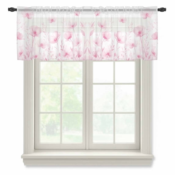 Pink Spring Floral Valance Curtains for Kitchen/Living Room/Bathroom/Bedroom Window, Rod Pocket Small Topper Half Short Window Curtains Voile Sheer Scarf, Summer Botanical Watercolor Vintage 54"x18"