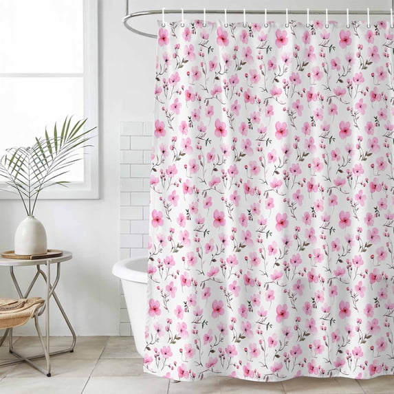 Pink Spring Floral Waterproof Fabric Shower Curtain,Summer Botanical Elegant Waterproof Fabric Shower Curtain for Bathroom Curtains Bathtubs Hotel Shower Curtains with 12 Hooks Standard 72x72