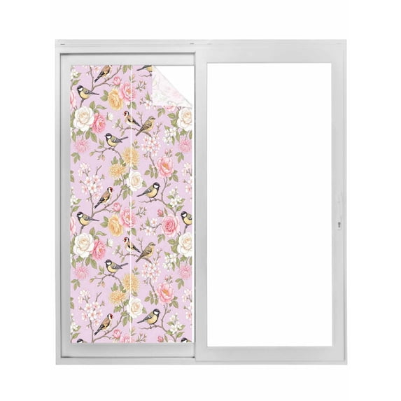 Pink Spring Floral Window Privacy Film, Elegant Farmhouse Flowers Birds Watercolor Static Cling UV Sun Blocking Tint Film Heat Control Windows Films for Bedroom Bathroom, Window Stickers 35.4"x78.7"