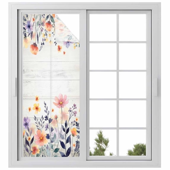 Pink Spring Floral Window Privacy Film, Elegant Flowers Farmhouse Botanical Wooden Static Cling UV Sun Blocking Heat Control Window Tint Day and Night, Non-Adhesive One Way Privacy Cover 23.6''x59''