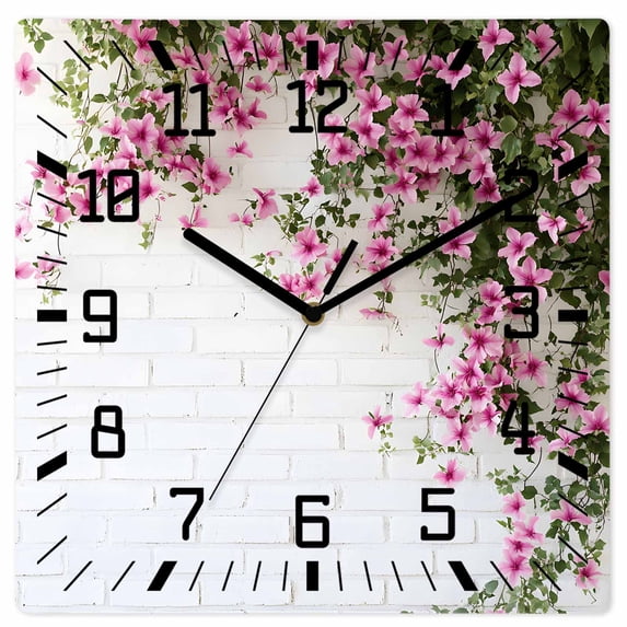 Pink Spring Floral Wooden Wall Clock Silent Non Ticking, Summer Flowers Farmhouse Square Wall Clocks Battery Operated, Decor Clock for Home Office, Living Room, Kitchen, 10 Inch