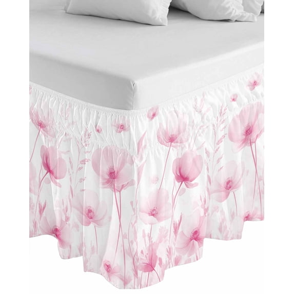Pink Spring Floral Wrap Around Bed Skirts for California King Bed 16" Drop,Bed Skirt with Adjustable Elastic Belt Dust Ruffle Bed Valance Summer Botanical Watercolor Vintage Bed Frame Cover