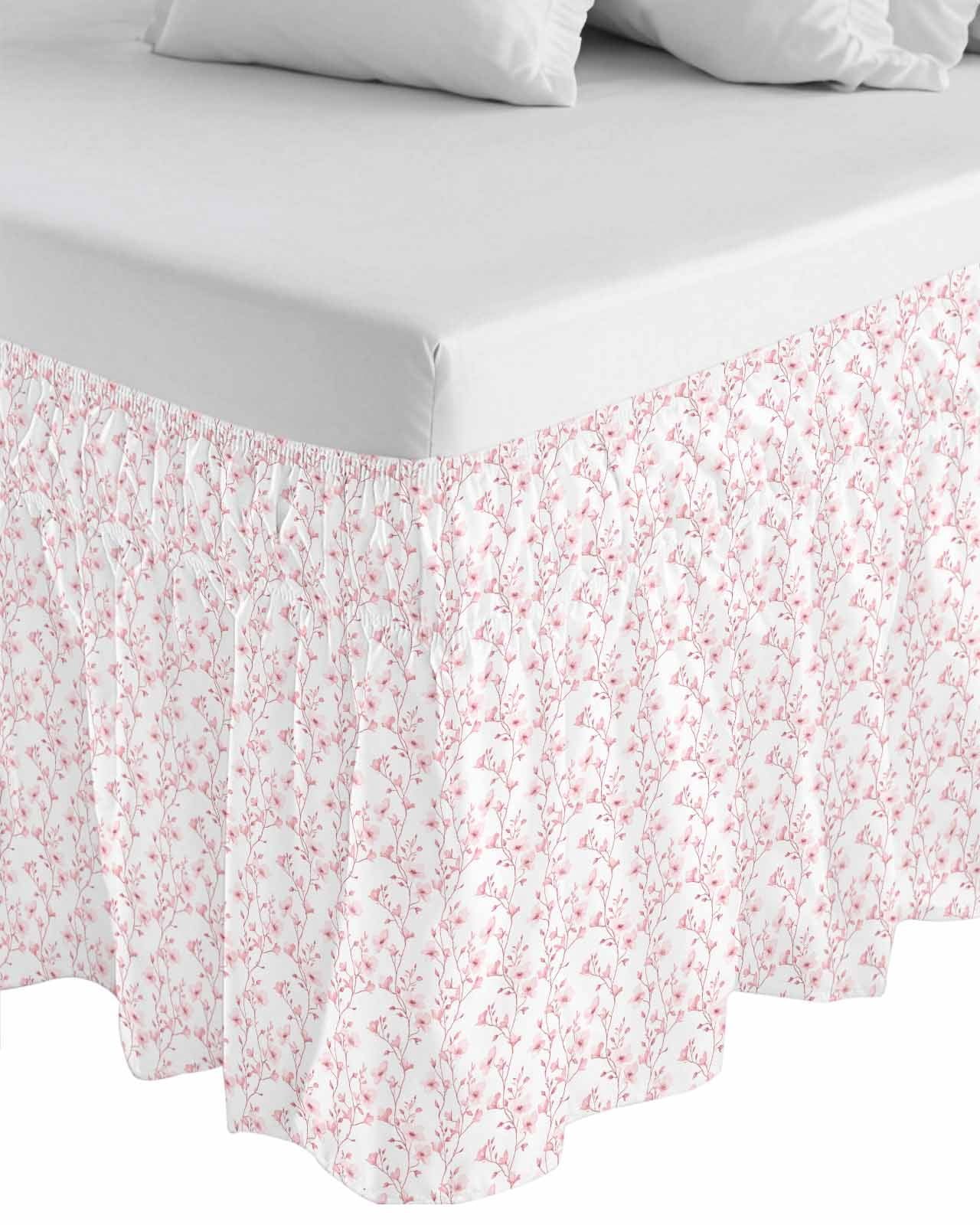 Pink Spring Floral Wrap Around Bed Skirts for Queen Bed 18" Drop,Bed Skirt with Adjustable Elastic Belt Dust Ruffle Bed Valance for Bedroom Hotel Elegant Watercolor Summer Botanical Bed Frame Cover