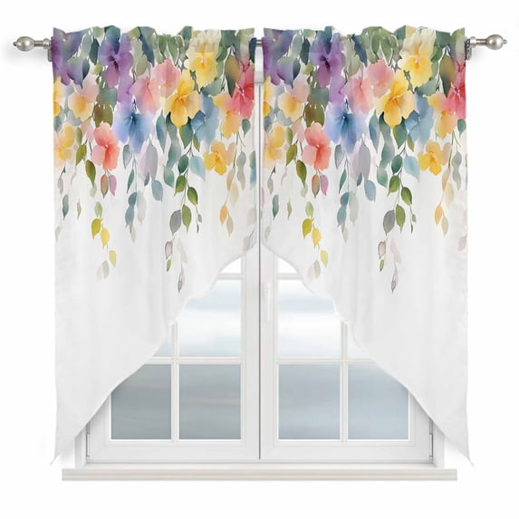 Pink Spring Flower Kitchen Window Curtains, Swag Curtains Valance for Bedroom Living Room Bathroom, Pastoral Floral Leaves Country Rustic Rod Pocket Window Curtain Block Drapes 2 Panels 28"x36"