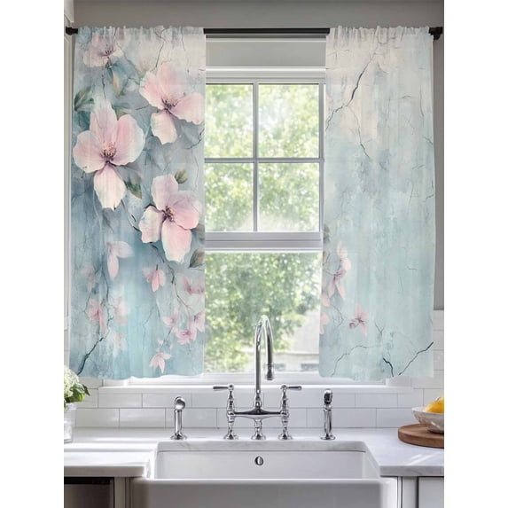 Pink Spring Flower Sheer Curtains for Living Room Bedroom Retro Blue Wall Mottled Pastoral Sheer Curtains 72 Inch Long 2 Panels Set Light Filtering Curtain Window Treatments Drapes for Dining Room