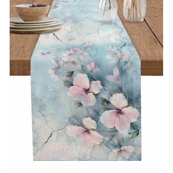 Pink Spring Flower Table Runner Cotton Linen 90 Inch Holiday Dresser Scarves, Retro Blue Wall Mottled Pastoral Tablerunner for Kitchen Coffee Dining Bedroom Living Room Dinner Scarf Décor 13''x90''