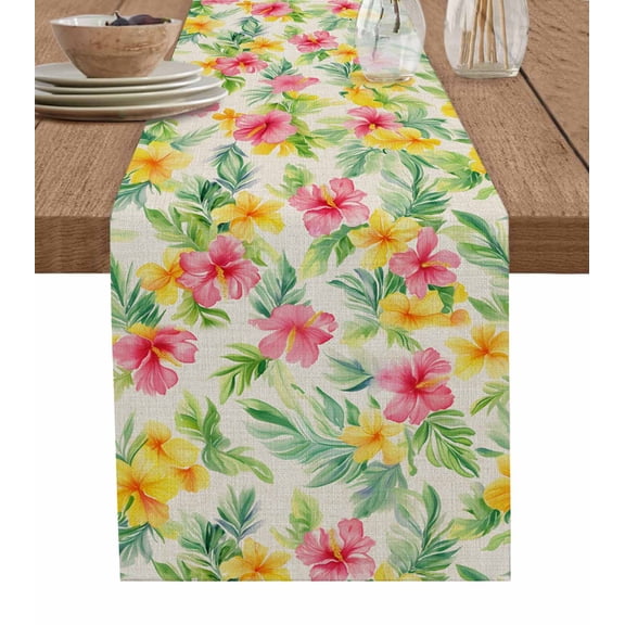 Pink Spring Flowers Burlap Cotton Table Runner 18x72 Inches Long, Leaves Vintage Botanical Country Rural Farmhouse Table Runners, Outdoor Dining Tablecloths Decor for Baby Shower/Party/Wedding