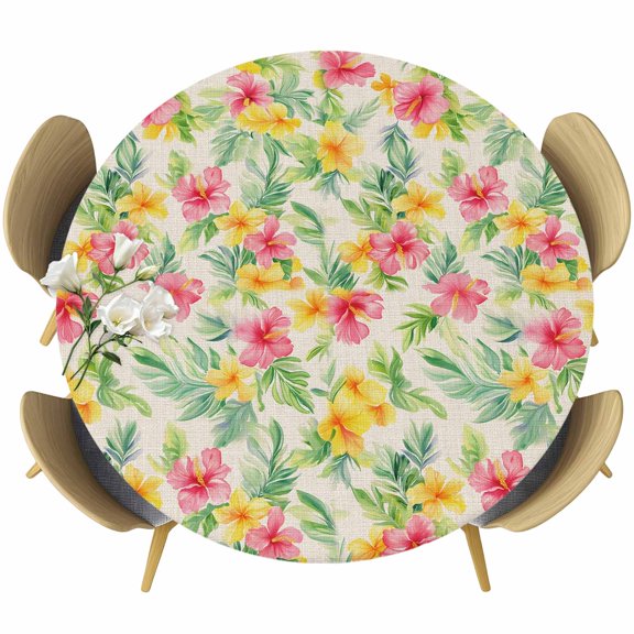Pink Spring Flowers Round Tablecloth 36-44 Inch Round Fitted Table Cloth with Elastic Edge, Leaves Vintage Botanical Country Rural Waterproof Table Cover Protector for Outdoor Picnic Party Dining