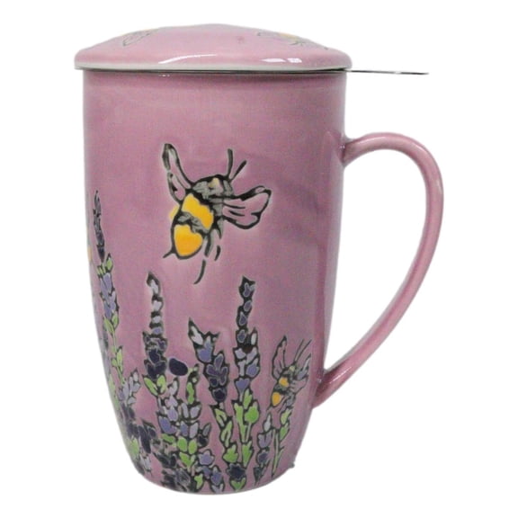 Pink Spring Honeybee 15oz Porcelain Tea Mug With Lid And Stainless Steel Infuser