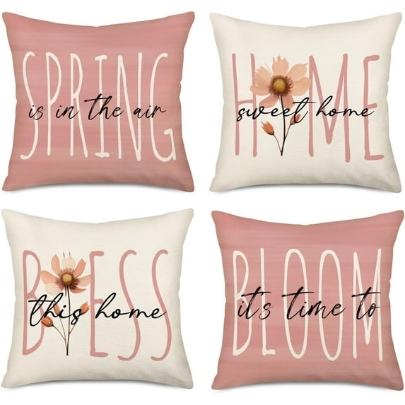 Pink Spring Pillow Covers 16x16 Inch Set of 4 Bloom Flower Bless This Home Sweet Home Pillowcases Spring Summer Farmhouse Decorations Cushion Cover for Sofa Couch