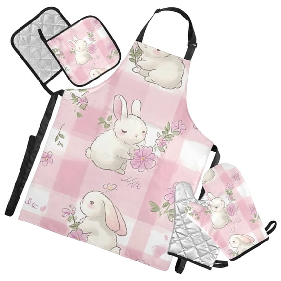 Pink Spring Rabbit Oven Mitts and Pot Holders with Chef Apron Set 5 Pcs Kitchen Cooking Set