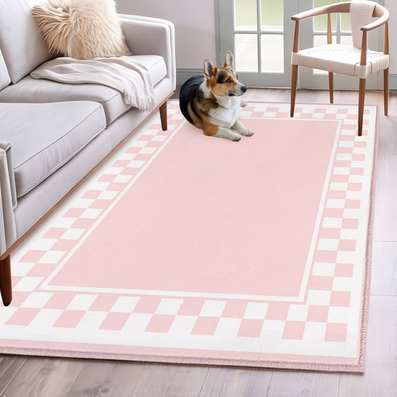 Pink Square 2.7x5 Hallway Washable Runner Rug Graphic Retro Blush Pink White Checkered Border Low-Profile Area Rugs Non Slip Backing Indoor Floor Carpet for Entrance Living Room Bedroom Home Office