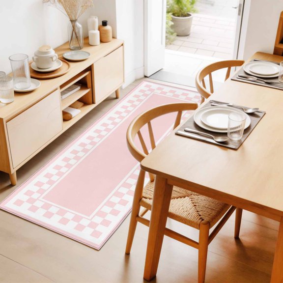Pink Square 2'x6' Runner Rug for Hallway Walkway Kitchen Galley, Graphic Retro Blush Pink White Checkered Border Low Pile Washable Non Slip Long Area Rug for Living Room